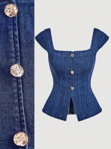 SHEIN MOD Áo denim nữ casual cài cúc phía trước, áo denim xanh mùa hè, áo cổ vuông, áo phong cách Gyaru, Y2K, mùa thu, áo đi chơi nữ, thanh lịch, phong cách cổ điển, áo dễ thương, sang trọng, vintage, áo corset - Rửa tối - Xem 1