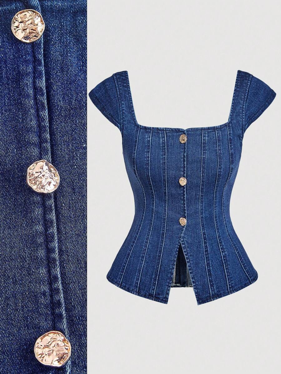 SHEIN MOD Áo denim nữ casual cài cúc phía trước, áo denim xanh mùa hè, áo cổ vuông, áo phong cách Gyaru, Y2K, mùa thu, áo đi chơi nữ, thanh lịch, phong cách cổ điển, áo dễ thương, sang trọng, vintage, áo corset - Rửa tối - Xem 1