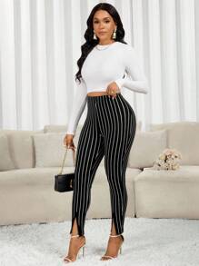 SHEIN Lady 女式纽扣腰设计松紧腰紧身休闲裤 - 彩色 - 查看 6