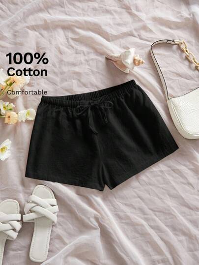 SHEIN Tall 100% Cotton, Cotton And Linen Feel Summer Low-Waist Women's Shorts Black Shorts For Women Drawstring Shorts Comfy Shorts Black Shorts Women Women Cotton Shorts Comfortable Shorts Women Casual Shorts Soft Shorts Women Cotton Shorts Women Women Shorts Summer Casual Shorts For Women