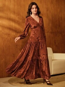 Anewsta 女式 V 领长袖拼接 A 字连衣裙，优雅刺绣棕色长款连衣裙，适合万圣节、圣诞节、新年假期 - 鏽棕色 - 查看 4