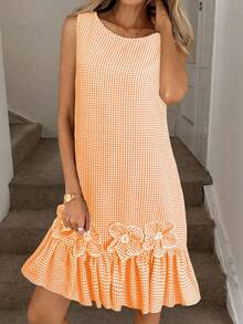 Easowa Vestido curto feminino xadrez com decote redondo e sem mangas com decoração floral