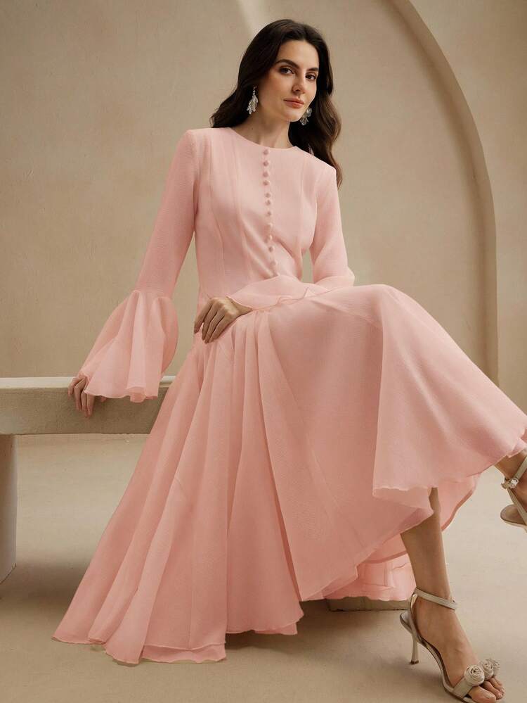 Elegant Milky White Long Sleeve Flared Dress With Button Flare Sleeves