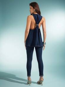 Denimoi 金属配件细节梯形露背 V 领无袖牛仔上衣 - 深色水洗藍 - 查看 5