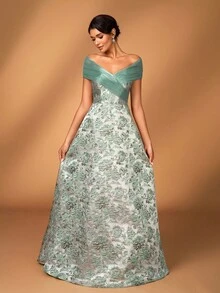 Serin 优雅奢华露肩提花缎面褶皱欧根纱褶皱 A 字裙，适合婚礼、活动、单身派对、度假、庆典、新娘母亲礼服 - 綠色 - 查看 5