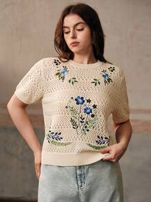 Anewsta 优质复古刺绣圆领短袖T恤 - 杏色 - 查看 3