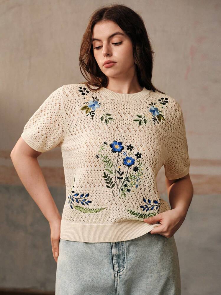 Anewsta Premium Vintage Embroidered Crew Neck Short Sleeve T-Shirt - Apricot - View 3