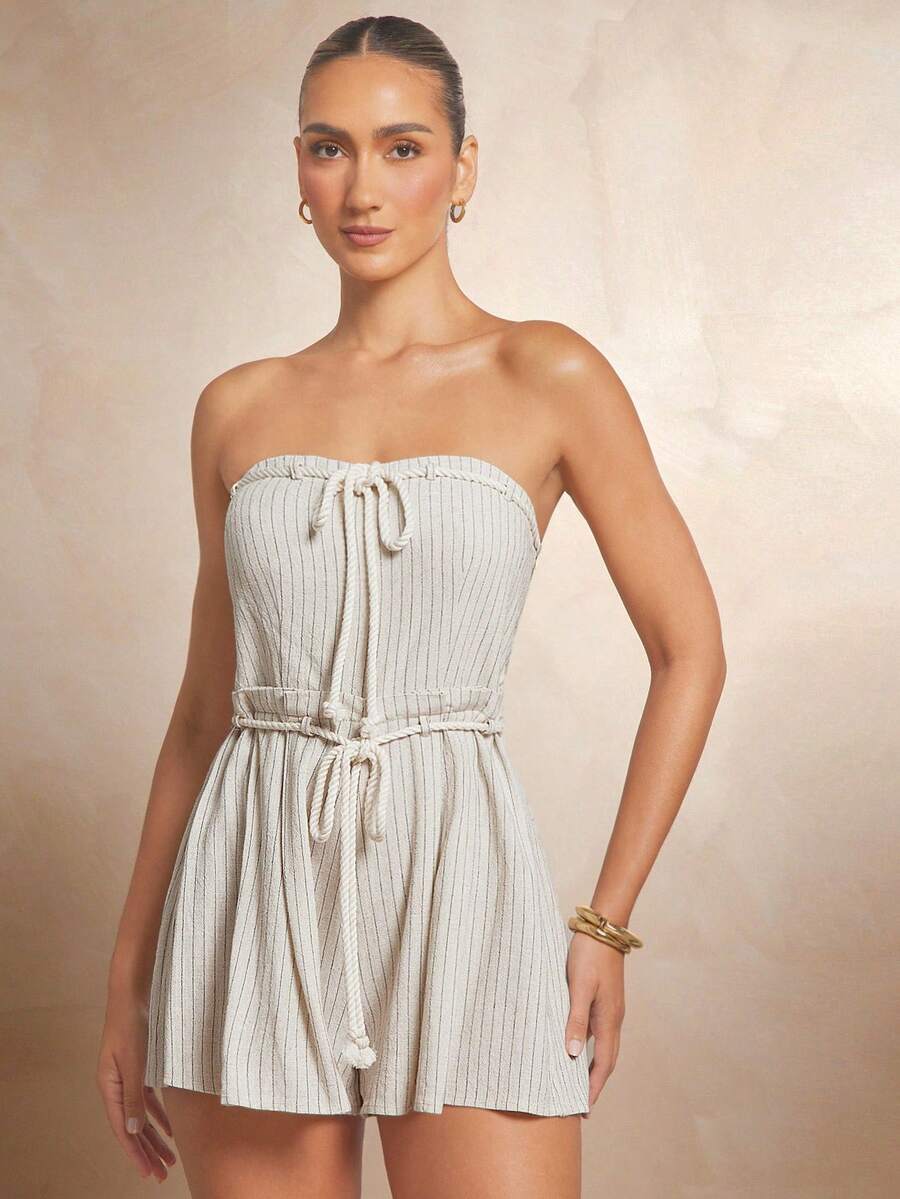 L'Amorae 女士条纹露肩亚麻连身裤，带绳饰 - 杏色 - 查看 1