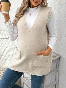 SHEIN 孕妇V领双口袋休闲针织背心，秋冬
