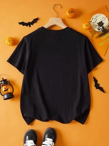 GARFIELD | SHEIN 青少年男孩卡通万圣节南瓜网格图案针织圆领短袖 T 恤 - 黑色 - 查看 2