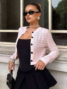 Glamine 秋冬镂空针织粉色短款开衫，优雅女士纽扣前毛衣 - 粉色 - 查看 3