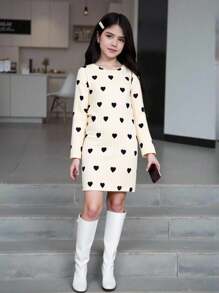 SHEIN 青少年女孩休闲心形印花连衣裙，适合日常穿着，秋季 - 杏色 - 查看 6