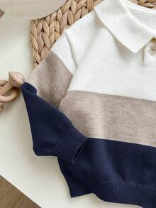 SHEIN 男婴/女婴拼色柔软针织翻领长袖半开襟毛衣 - 彩色 - 查看 4