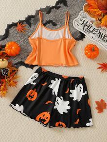 Conjunto de pijama de 2 piezas con camiseta de tirantes con gráfico minimalista de fantasma de Halloween y shorts para niña preadolescente, pijamas de Halloween de vuelta a la escuela - Naranja - Ver 2