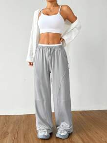 Dewbera Pantalon de yoga large avec poches pour femmes, design minimaliste - Gris - Voir 2