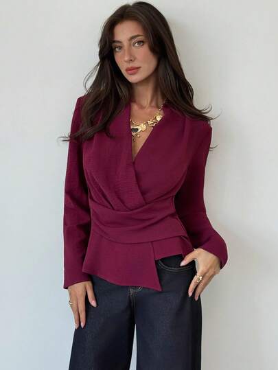 Aloruh Women's Casual/Office Solid Color Asymmetric Hem Wrap Shirt Fall Clothes Fall Clothes For Women All Outfits Women Fall Outfits For Women Fall Outfits Autumn Clothes Women's Fall Clothes Teacher Outfits For Women Teacher  Teacher Outfits Teacher Clothes Business Casual Woman  Business Casual Outfits Women Business Casual  Business Casual Women  Fall Outfits Women Burgundy Deep V Waist Asymmetrical Pleats Slimming Temperament Office Commuting Long-Sleeved Shirt Elegant Women's Blouses Chic Blouses For Women Burgundy Top,Elegant Women's Blouses