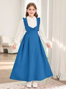 Set di gonna a balze con fiocco e bretelle e maglietta bianca per ragazze pre-adolescenti, stile casual da scuola, completo da divisa scolastica - Blu - Visualizzare 3