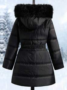 Girls' Casual Hooded Padded Coat With Fur Collar, Elastic Waist Belt, Pockets And Zipper Design, Loose Fit, Comfortable For Autumn/Winter, Suitable For Daily, Commuting, Outdoor, Party And Photo Shooting Fall - Black - View 2