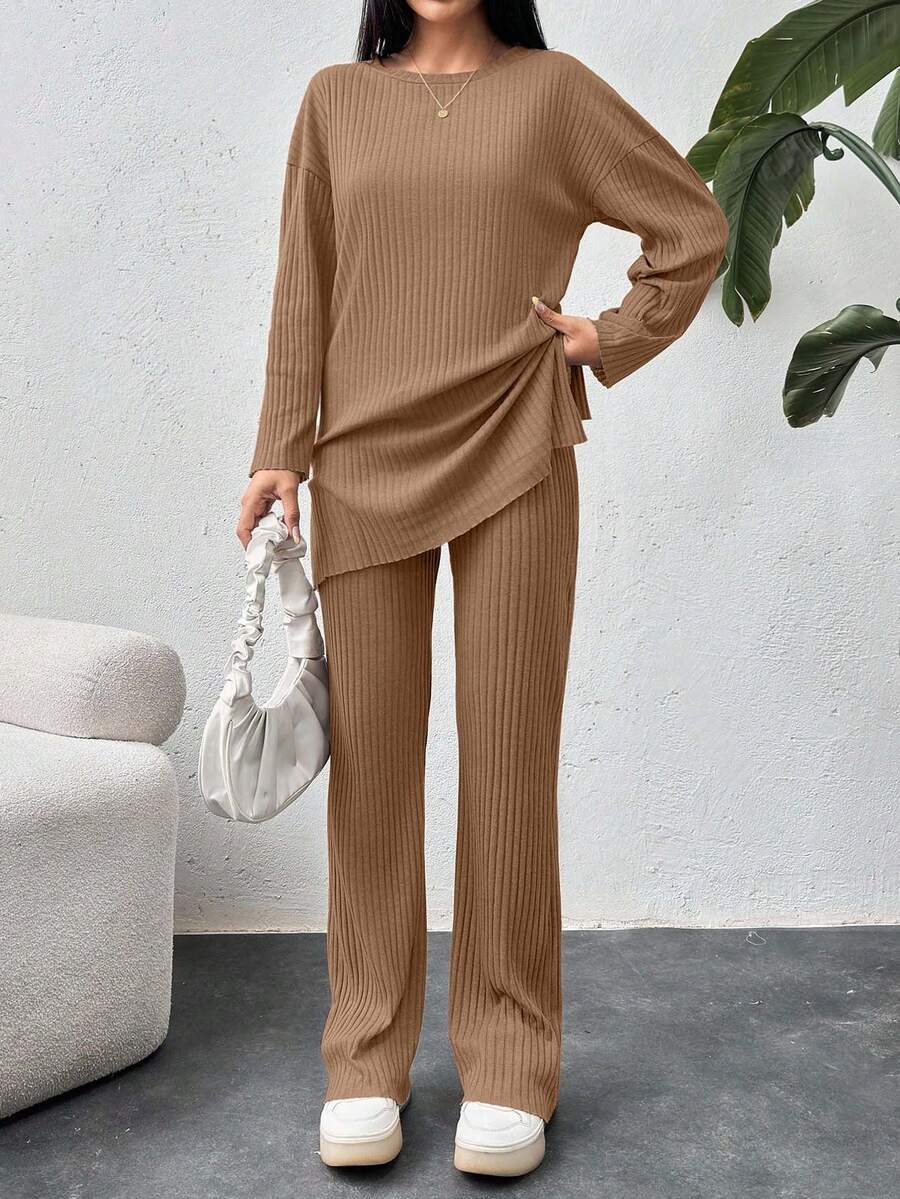 EURMUSE Cotton Drop Shoulder Split Hem Tee & Pants - Mocha Brown - View 1