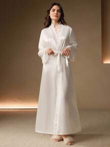 Anewsta Sexy Contrast Lace Long Robe, Women's Sleepwear, Valentine's Day Luxe Loungewear, Vacation, Winter - White - View 5