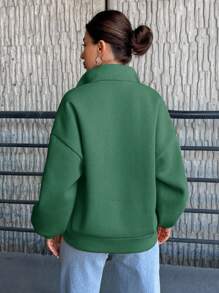 SHEIN Cottnline Solid Color Women's Drop Shoulder Zip Up Sweatshirt - Green - View 2