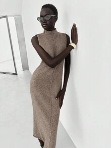 Lumivelle 女士棕色无袖时尚毛衣裙 - 棕色 - 查看 2
