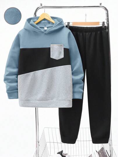 SHEIN Set de 2 piezas de sudadera con capucha y pantalones de contraste de color parche cómodo y versátil, adecuado para adolescentes, atuendos de regreso a la escuela, regalos de fiesta, otoño/invierno