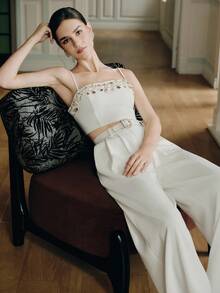 Anewsta 女士新款优雅珍珠串珠吊带背心上衣和白色裤子两件套 - 白色 - 查看 7