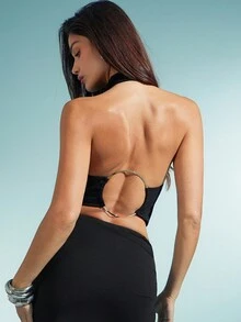 Denimoi Backless Gold O-Ring Halter Top, Sexy Tops, Going Out Tops, GNO, Date Night Tops, Vacation Tops - Black - View 4