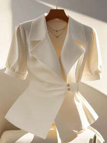 SHEIN Clasi 女士纯色翻领泡泡袖短款休闲衬衫 - 杏色 - 查看 1