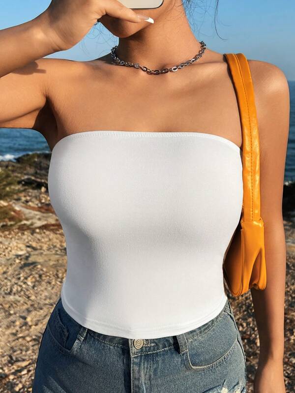SHEIN EZwear Casual Solid Color Cropped Camisole Tank Top For Women, Fitted Summer Wear