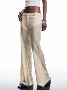 LYSMO 天鹅绒拼布高腰弹力喇叭裤 - 米色 - 查看 3