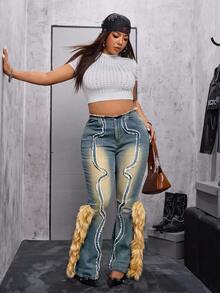 SHEIN Unity Plus Size Fashionable Vintage Fuzzy Patch Decorated Denim Jeans Fur Trim Jeans - Blue - View 7