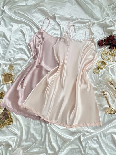  SilkySpell Lace Hem & Back Hollow Tie-Up Dual Color Nightgown Satin Sleep Dress Silk Sleepwear Lace Trim Sleep Dress Cami Sleep Dress