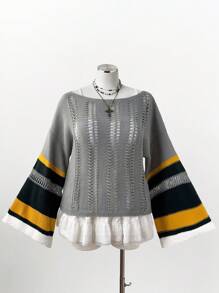 Sunspun Áo len chui đầu kẻ sọc màu tương phản cỡ lớn cho nữ, thiết kế mới cho mùa thu/đông - Xám - Xem 3