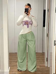 SHEIN ICON 超低腰复古宽松喇叭加长裤 - 綠色 - 查看 5