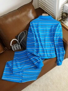 Muvela Vintage lässiger Preppy-Stil Zweiteiler mit locker sitzender gestreifter Langarm-Poloshirt und Rock, Schulanfangs-Outfit für Frauen Herbst, Damenbekleidung mit Baumwollanteil - Verschiedenfarbig - Übersicht 2