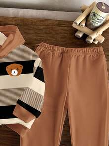 SHEIN 2 件套男婴休闲可爱卡通熊条纹连帽卫衣和裤子套装，秋冬 - 彩色 - 查看 5