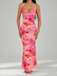 SHEIN PETITE Women's Plunging Neckline Backless Vacation Floral Print Dress Bodycon Maxi Dress Floral Maxi Dress Pink Maxi Dress Tight Maxi Dress Rose Print Maxi Dress,Party Dress