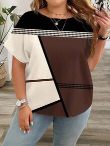 EMERY ROSE Plus Size Women's Asymmetrical Pattern Colorblock Patchwork Round Neck Short Sleeve Blouse, Summer Chic Blouses For Women - Brown - View 5