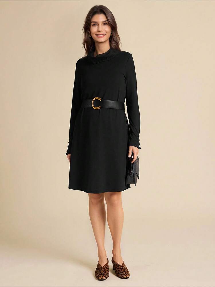 SHEIN LUNE Women Plain Color Long Sleeve Minimalist Short Casual Dress, For Everyday Wear Dress Preto Spring Dress - Black - View 4