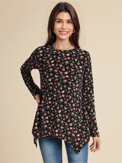 SHEIN LUNE تي شيرت كاجوال نسائي بأكمام طويلة ياقة مستديرة مطبوع عليه زهور بكثافة