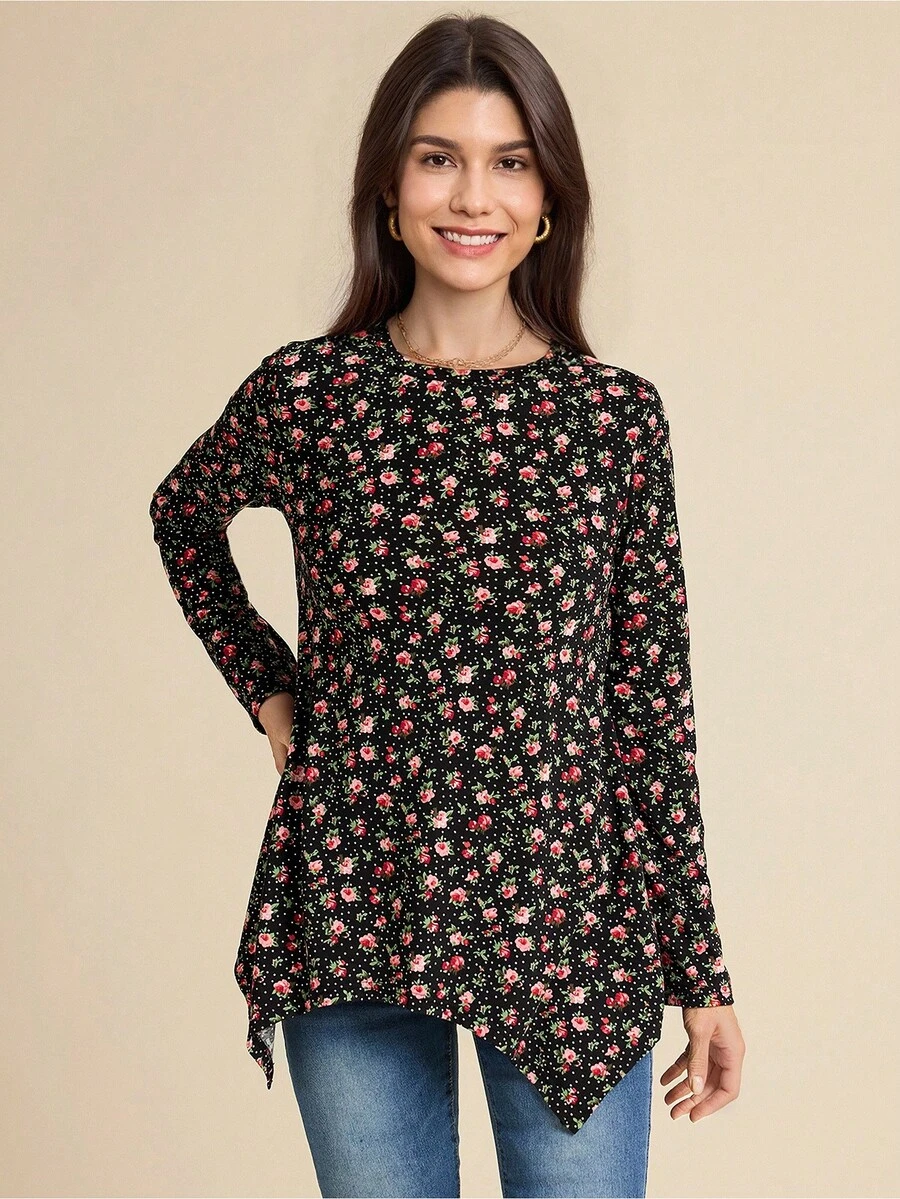 SHEIN LUNE Women's Floral Allover Print Round Neck Long Sleeve Casual T-Shirt Going Out Tops Women Spring Clothes - Black - View 1