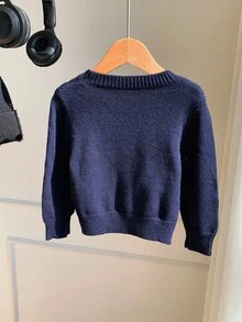 SHEIN 可爱男女宝宝卡通熊图案长袖海军蓝毛衣，休闲百搭，适合秋冬 - 彩色 - 查看 6