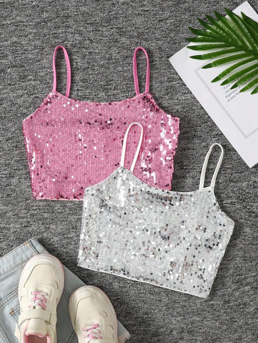 SHEIN 2件套青少年女孩休闲街头风格亮片吊带背心 - 淺粉色 - 查看 1