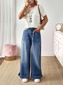 EMERY ROSE 女士休闲日常水洗阔腿牛仔裤 - 藍色 - 查看 4