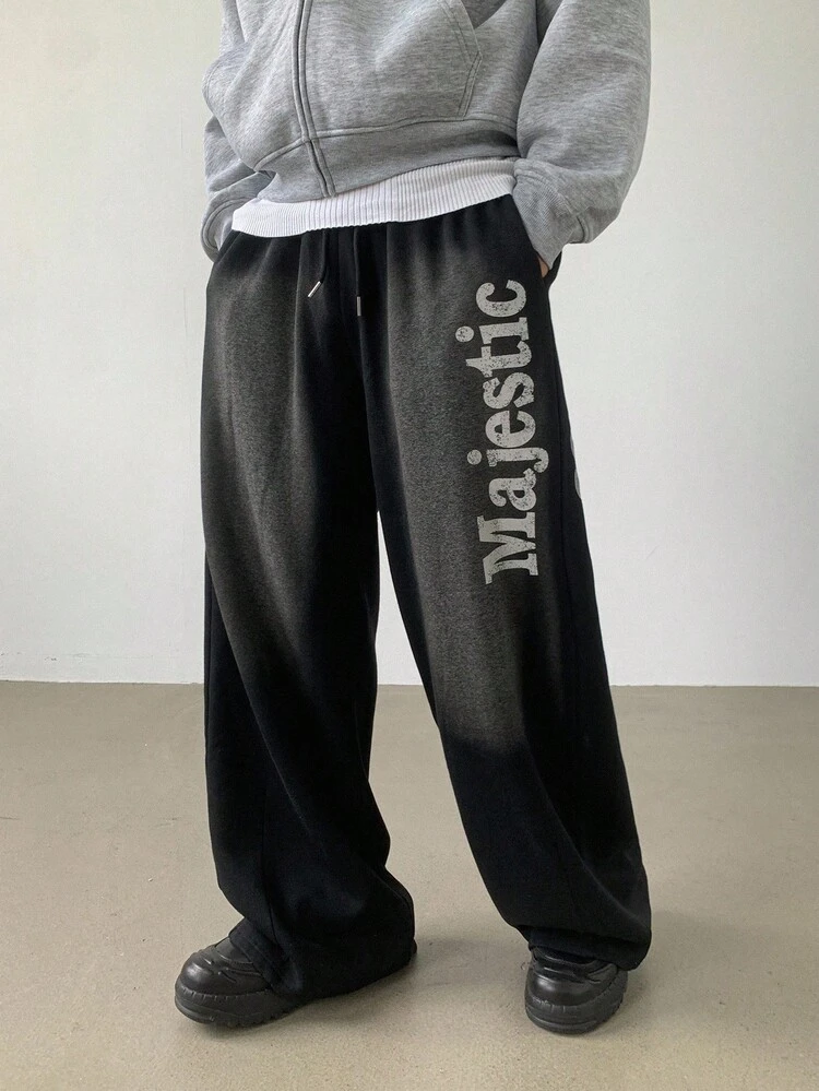 Men's Loose Fit Distressed Black Letter Print Thermal Lined Sweatpants, Street Style, Autumn/Winter Men Joggers