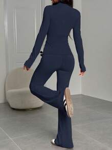 SHEIN EZwear 2pcs/Set Casual Solid Color Stand Collar Zip Up Jacket And Long Pants Set, Plus Size, Spring/Summer - Navy Blue - View 2