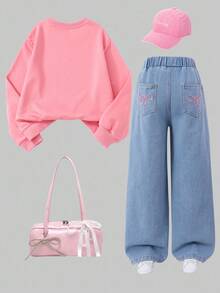 Sparklyn 2 件套青少年女孩休闲装 - 深粉色蝴蝶结印花运动衫 + 蓝色水洗牛仔裤，绣有蝴蝶结，可爱 - 西瓜粉 - 查看 2