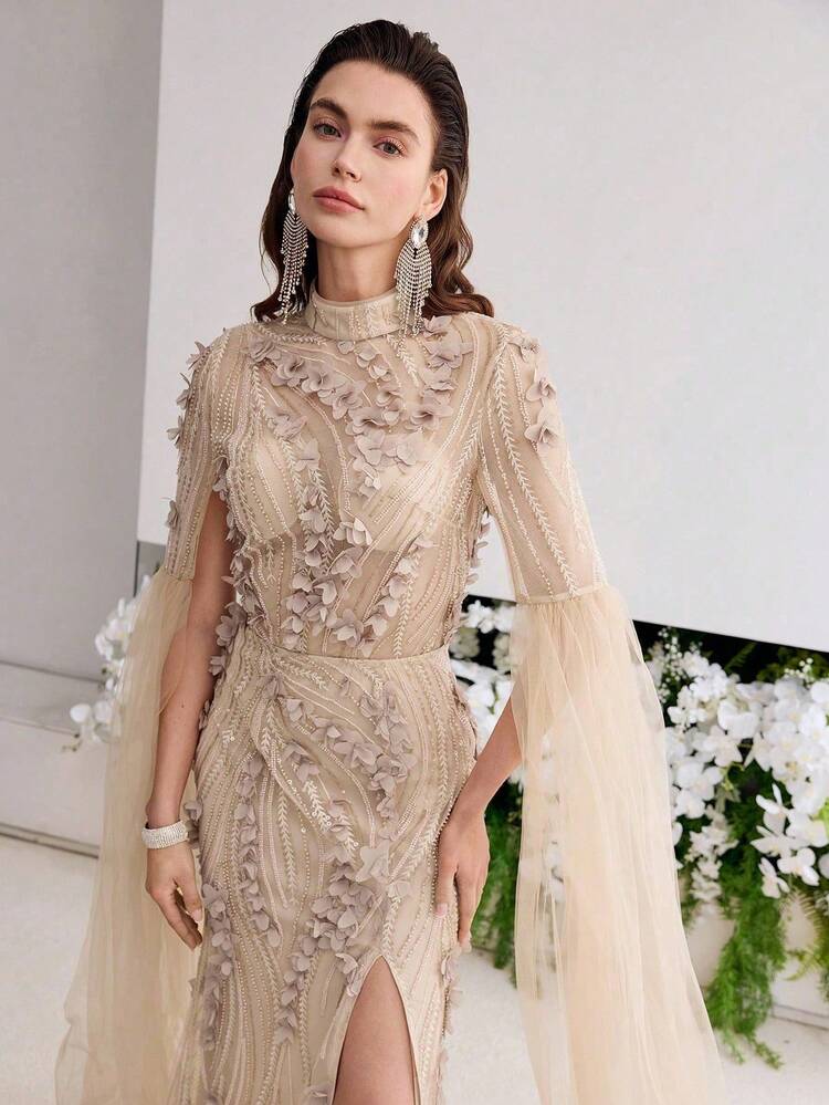 MOTF Soiréza GORGEOUS EXTRA-LONG SLEEVES FLORAL APPLIQUE SPLIT THIGH BEADED FORMAL DRESS EVENING GOWN